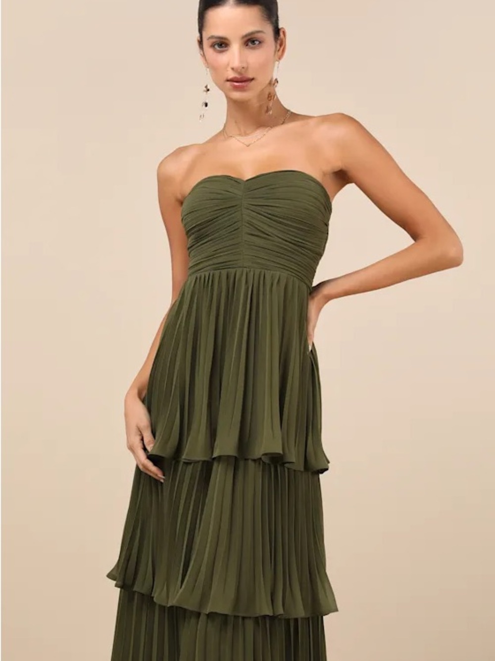 Lulu's Olive Strapless Ruched Tiered Maxi Dress